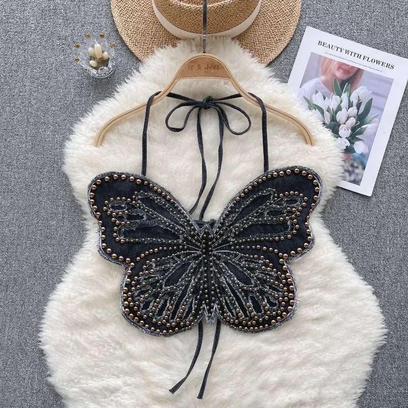 Levoire | Top Court Vintage En Denim Y2K Avec Papillon