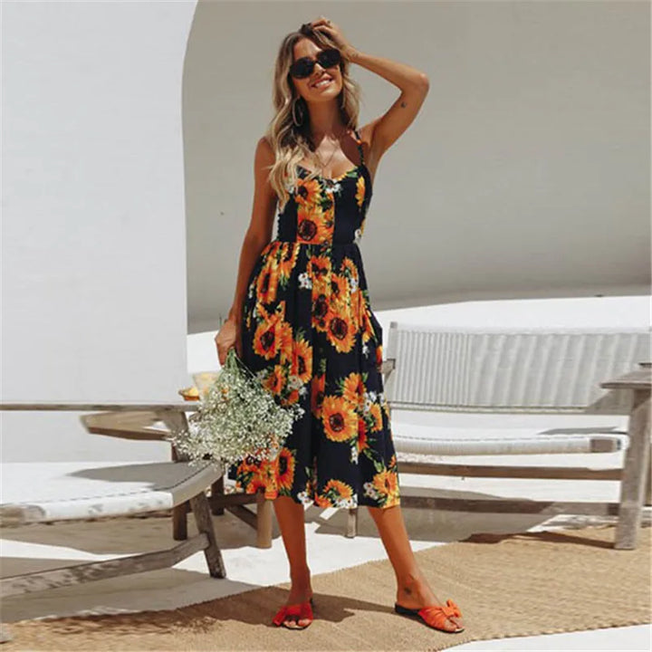 Levoire | Robe Midi Sexy D'Été Avec Motif De Plage Orange