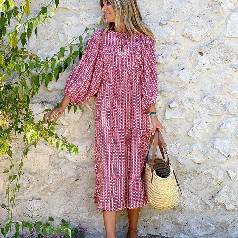 Levoire | Robe Bohème À Encolure En V Avec Manches Bouffantes Rouge-Rose