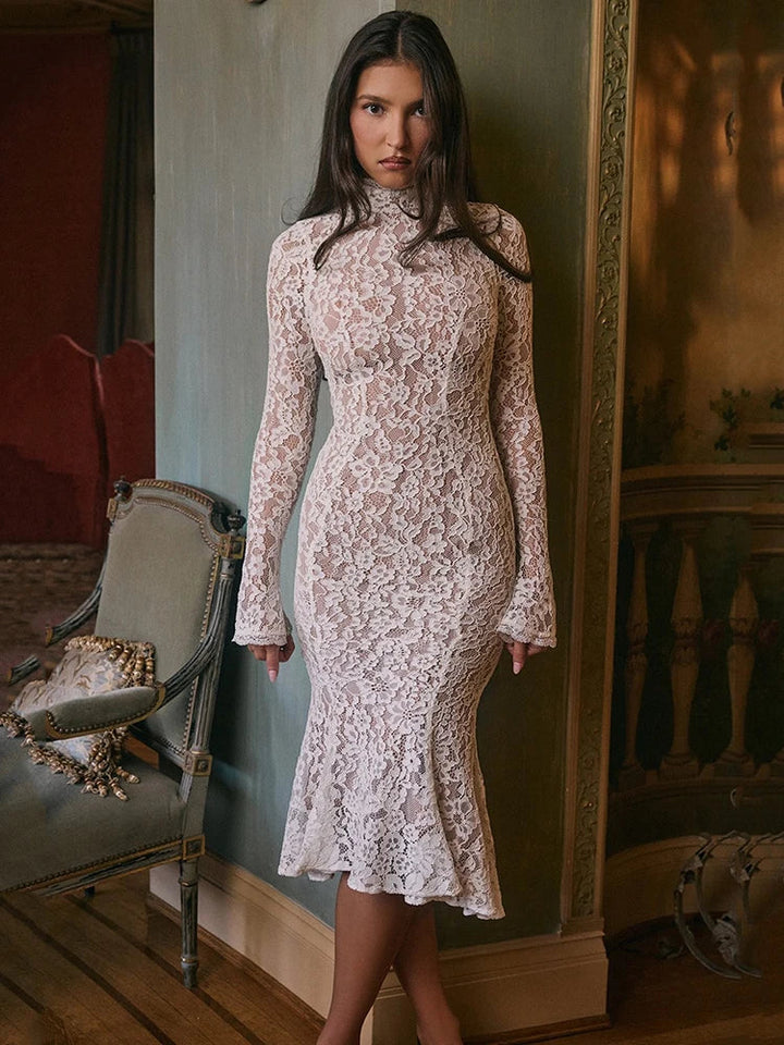Levoire | Robe Midi Élégante En Dentelle Avec Col Montant Blanc