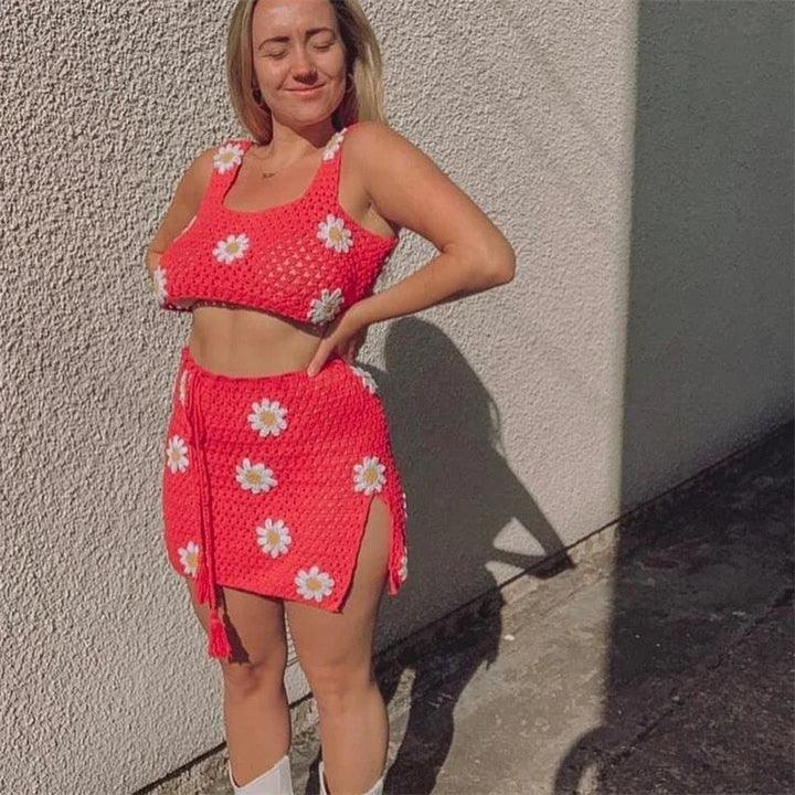 Levoire | Haut De Croptop En Tricot Et Ensemble Love Rock En Fleurs rouge blanc fleur