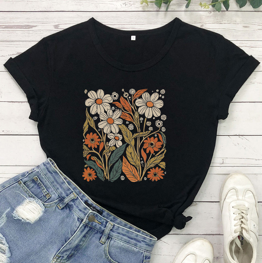 Levoire | Weinlese T-Shirt De Fleur Sauvage Pour Femmes Noir
