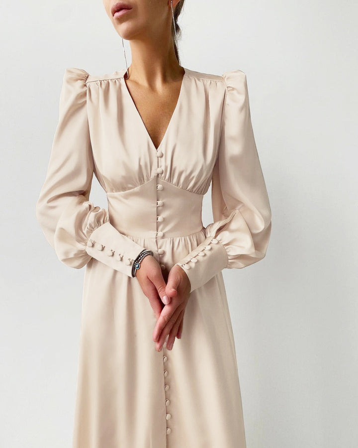 Levoire | Robe Satin Rétro Avec Boutonnage Pour Femmes Beige