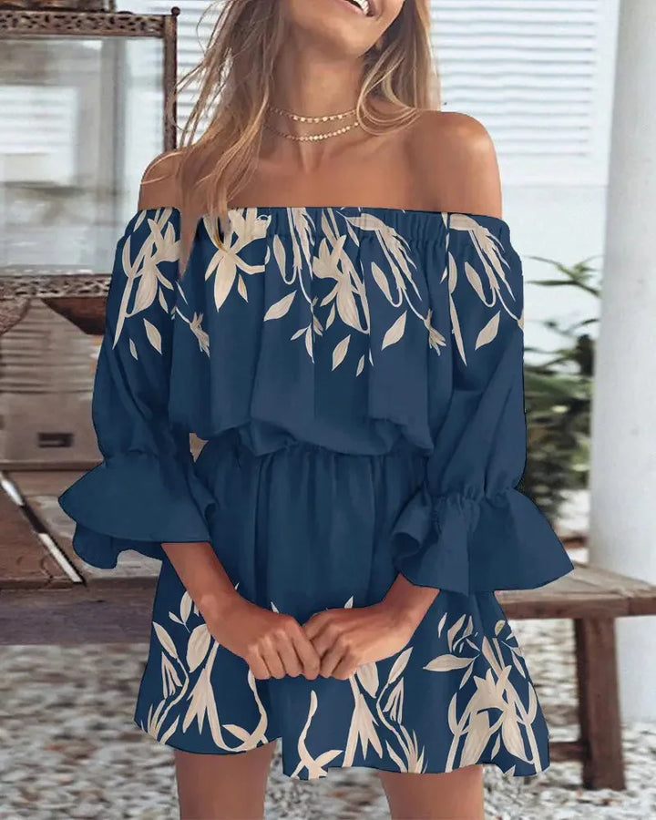 Levoire | Robe Sexy À Épaules Dénudées Imprimée Bleu