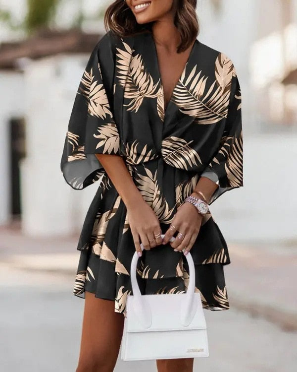 Levoire | Robe Femme À Encolure En V Courte Avec Manches Mi-Longues Noir