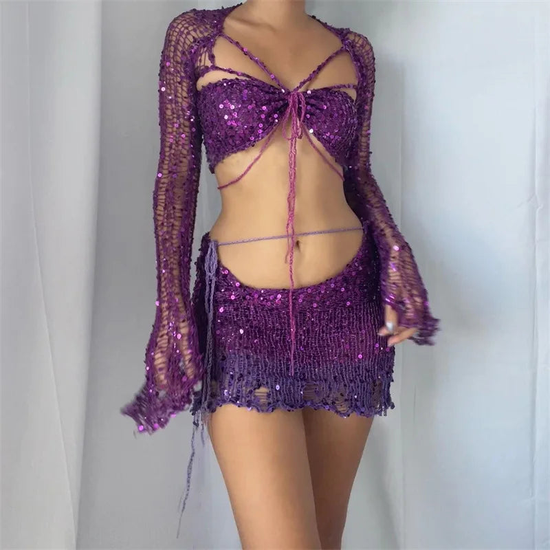 Levoire | Top Court À Manches Longues En Crochet Pailleté Et Jupe Moulante Mini Ensemble À Deux Pièces Lilas