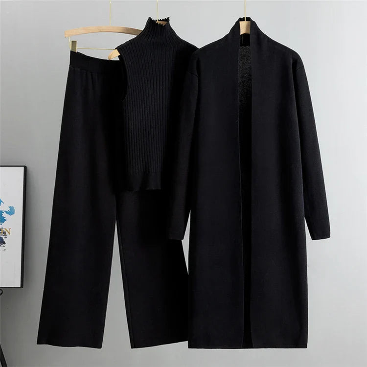 Levoire | Ensemble Tricot De 3 Pièces - Pull, Pantalon Ample, Cardigan Noir