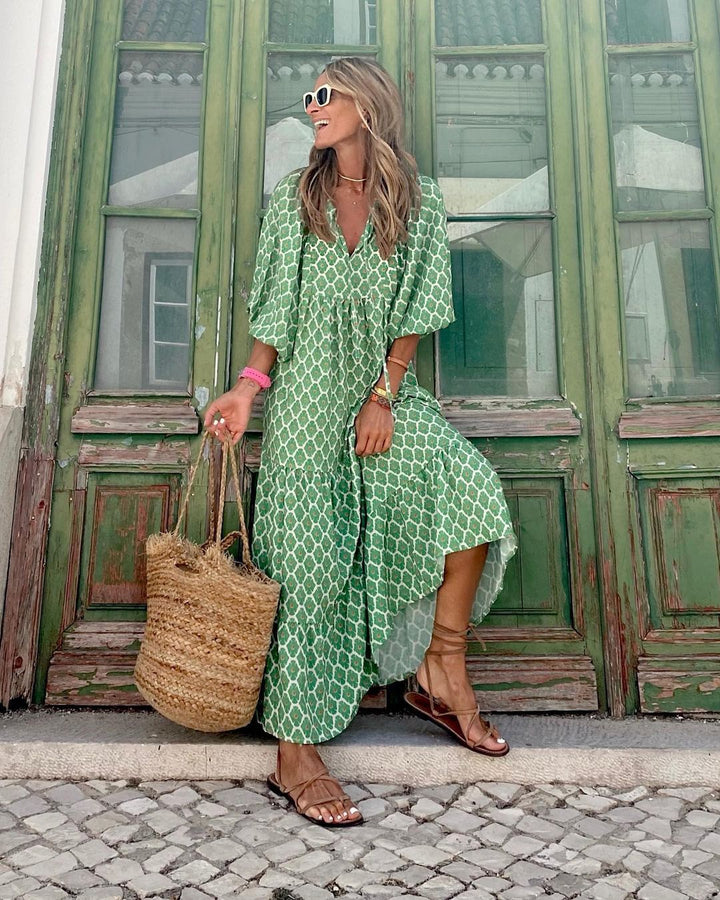 Levoire | Robe Maxi Bohème Avec Des Imprimés Été Élégants Vert-blanc