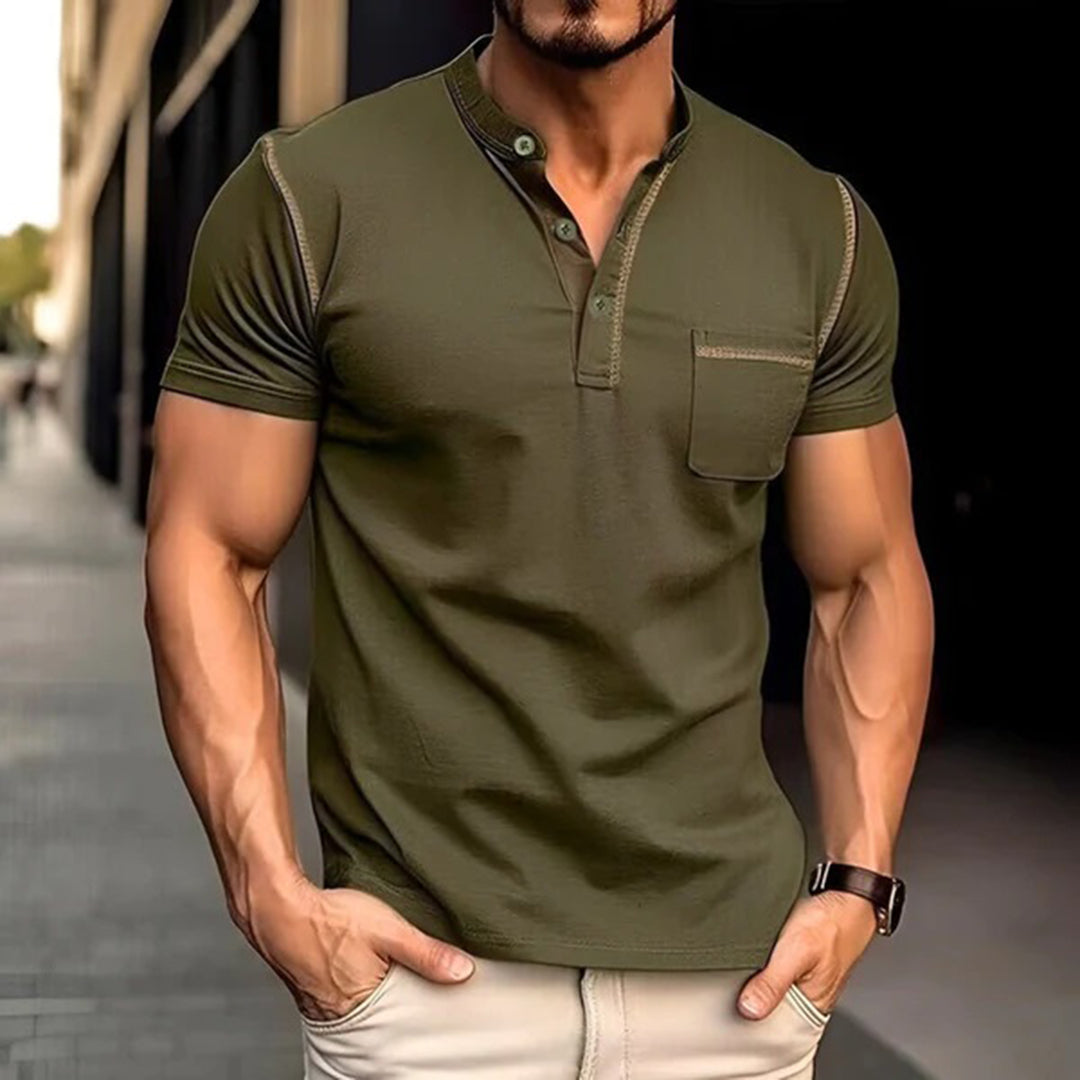 Levoire | T-Shirt Décontracté À Col En V Avec Poche Poitrine Vert olive