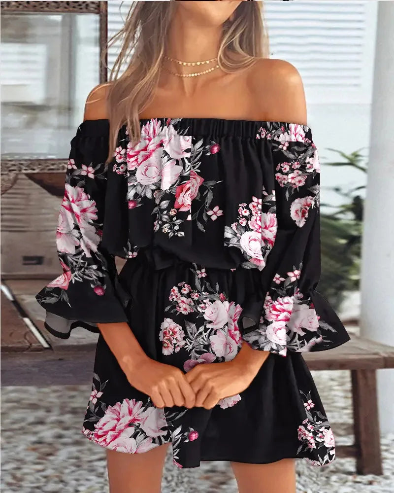 Levoire | Robe Sexy À Épaules Dénudées Imprimée Noir