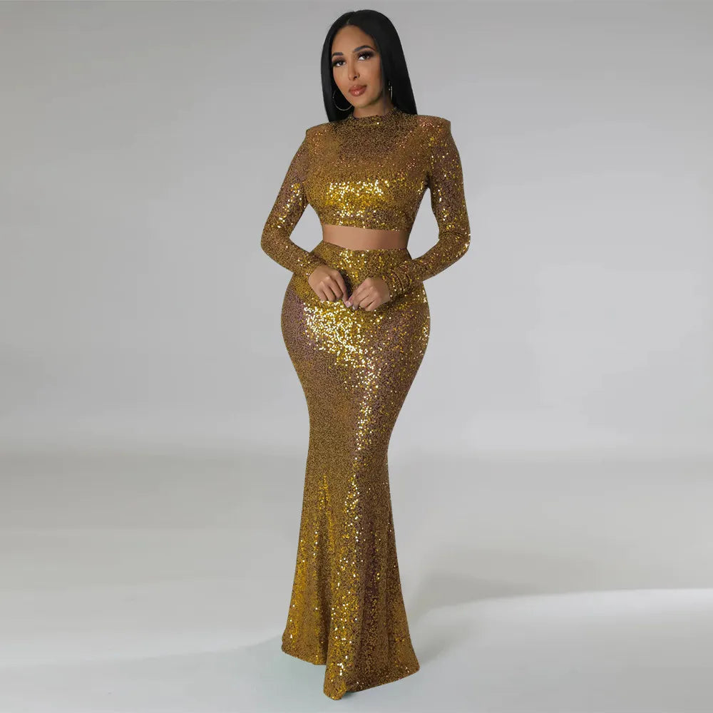 Levoire | Crop Top À Col Rond Pailleté & Ensemble Jupe Maxi