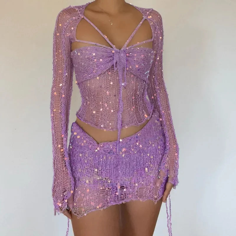Levoire | Top Court À Manches Longues En Crochet À Sequins Et Ensemble Mini-Jupe Co-Ord Pour Un Look Glamour Lilas