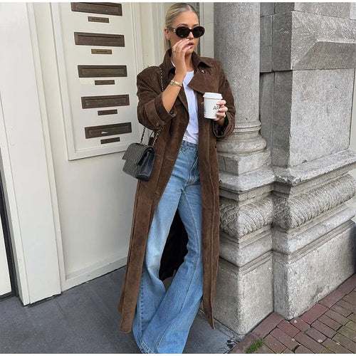 Levoire | Élégant Long Manteau En Cuir Avec Ceinture Pour Femmes