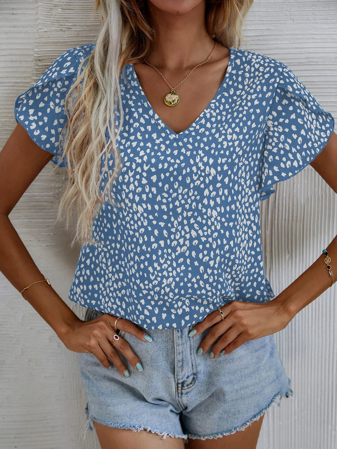 Levoire | Blouse D'Été À Manches Courtes Avec Coupe Slim Sans Collier Bleu