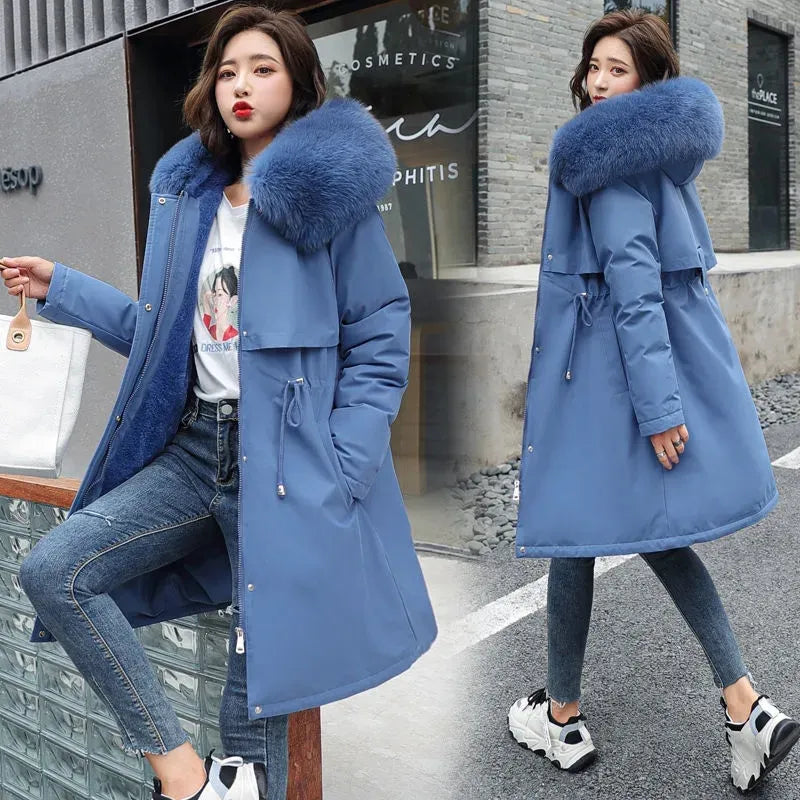 Levoire | Manteau Hiver Élégant Col Fourrure Bleu