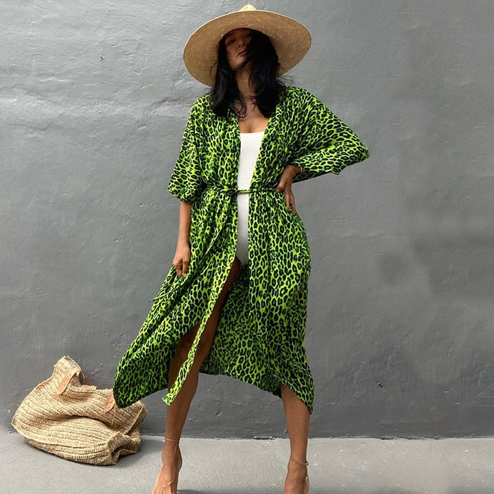 Levoire | Kimono De Plage Long Imprimé Panthère Vert Universel