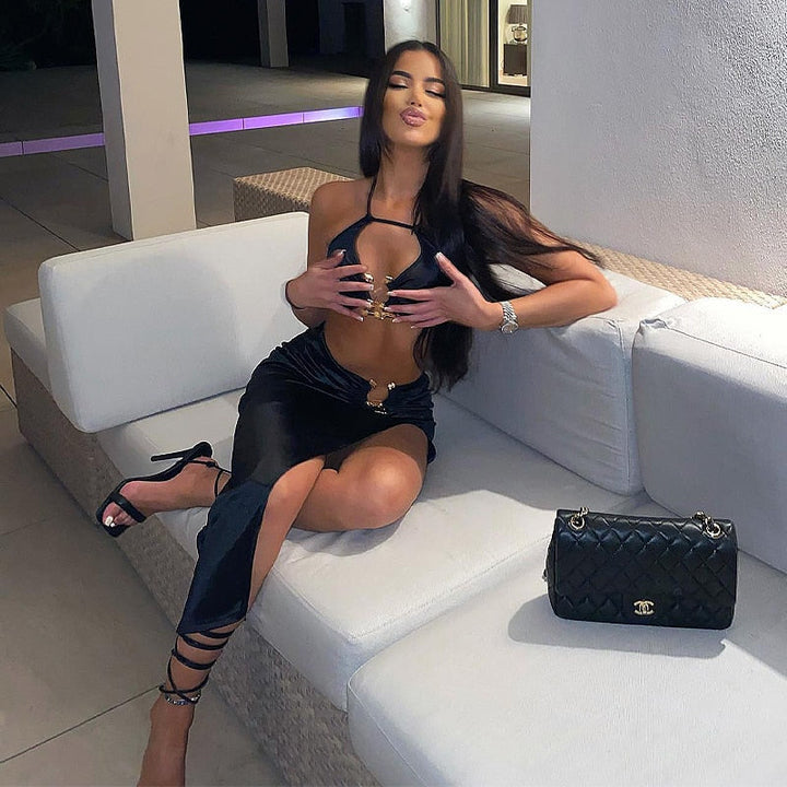 Levoire | Crop Satin Sans Manches & Couture Latérale Midi Robes