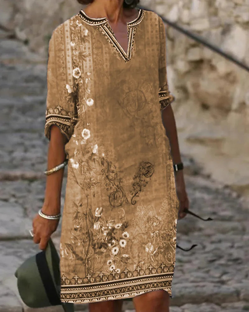 Levoire | Robe Printemps/Été Avec Motif Floral Rétro Khaki 1
