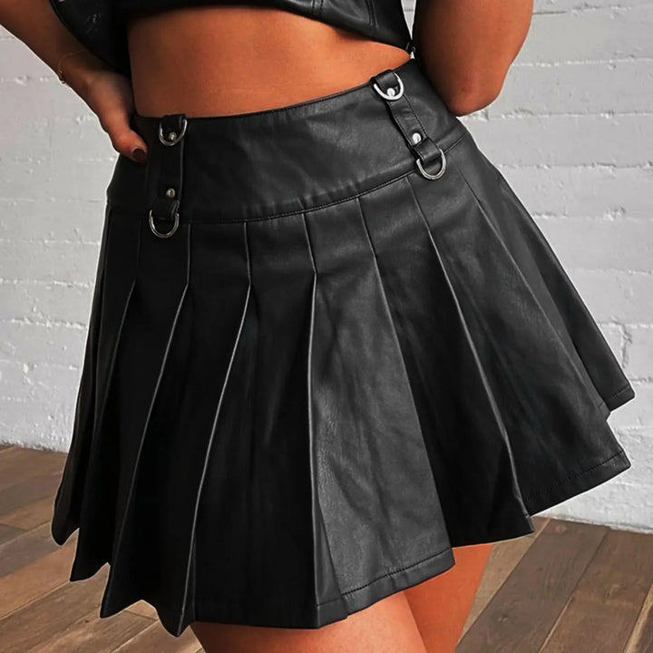 Levoire | Y2K Pu Cuir Plis Mini Jupe Noir