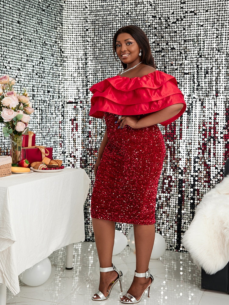 Levoire | Robe À Volants Pailletée Rouge À Épaules Dénudées