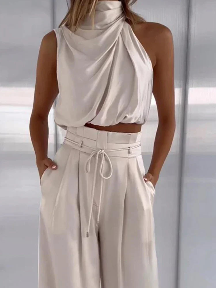 Levoire | Ensembles De Pantalon Beiges Delt, Texture Plissée En Soie Champagne
