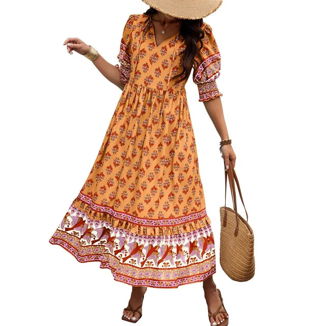 Levoire | Robe Imprimée Boho À Col En V Jaune