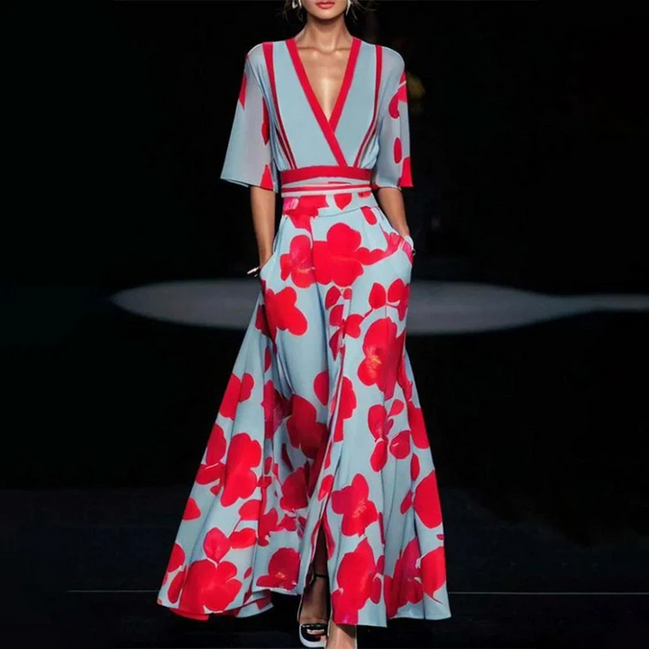 Levoire | Élégante Robe Fleurie Large BLEU ET ROUGE