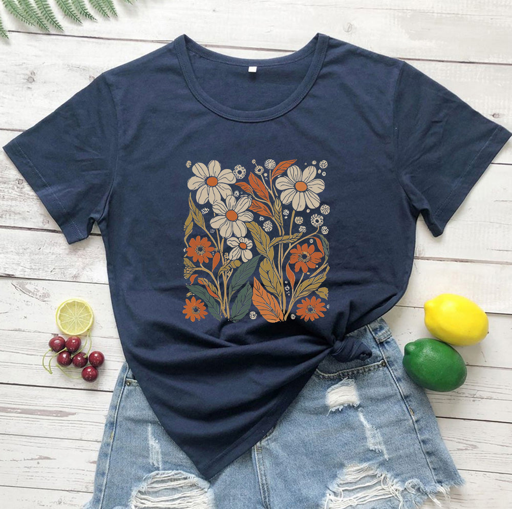Levoire | Weinlese T-Shirt De Fleur Sauvage Pour Femmes Bleu foncé