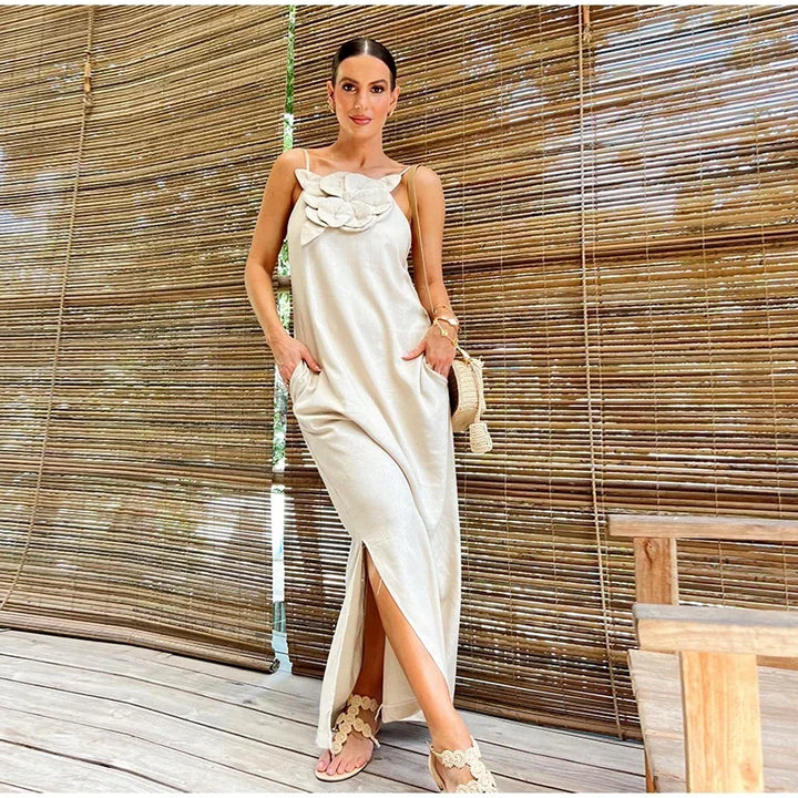 Levoire | Robe Maxi En Mélange De Lin Avec Décoration Florale, Fente Et Poches Beige