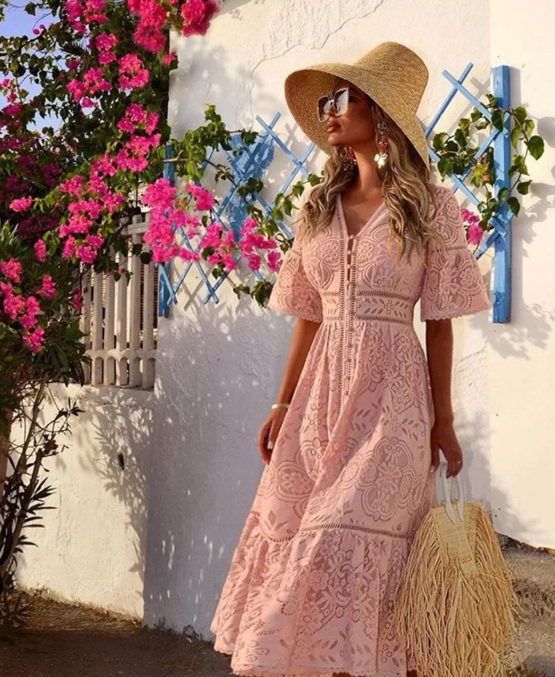 Levoire | Robe D'Été En Dentelle Pour Femmes Avec Motif Floral Rosa