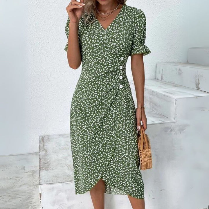 Levoire | Robe Midi Femme Avec Imprimé Floral Et Ruchés Vert