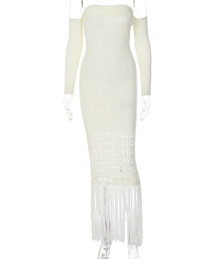 Levoire | Robe Maxi Dénudée À Franges En Tricot À Manches Longues