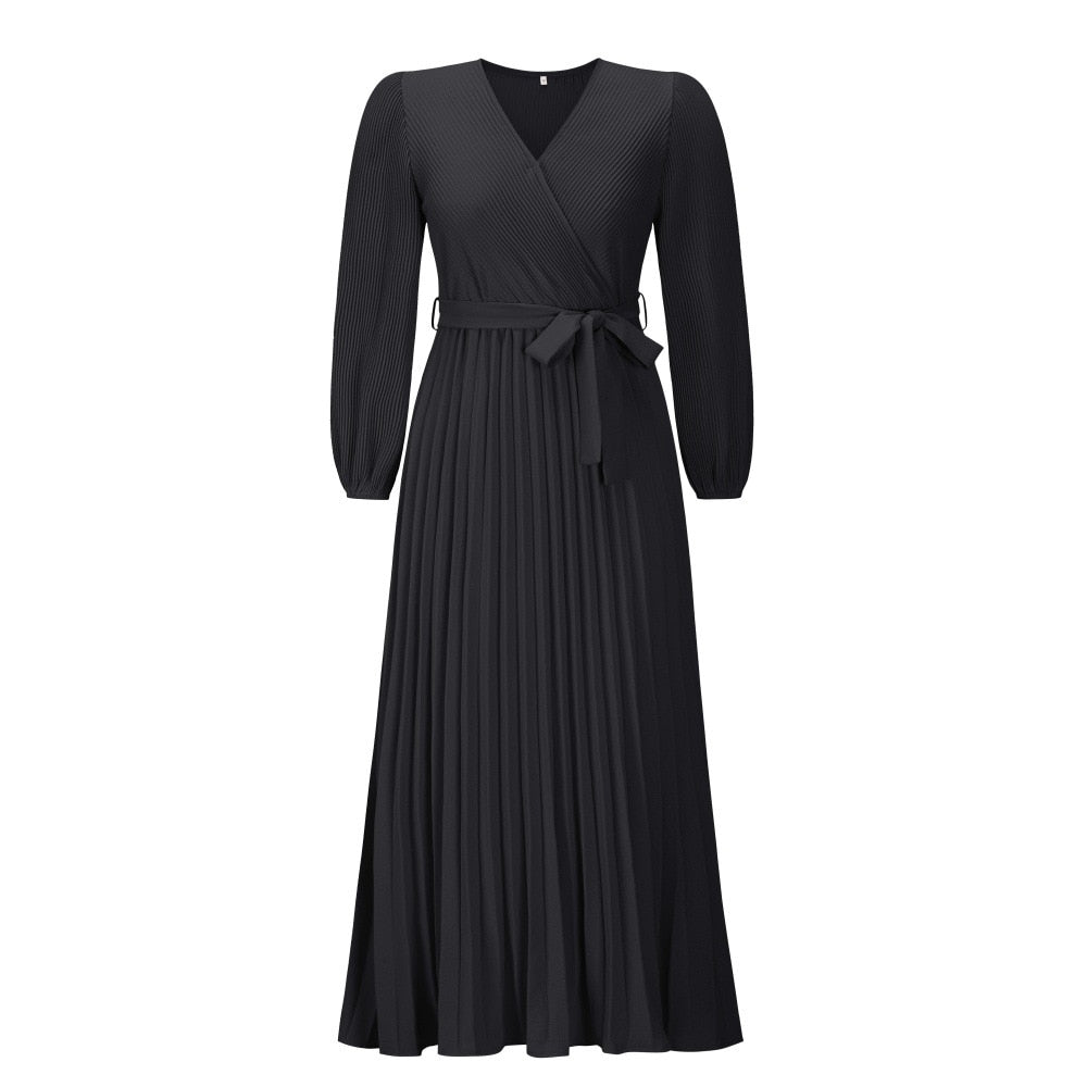 Levoire | Robe Maxi Plissée D'Été À Col V Design Grand Zoom Élégant Noir