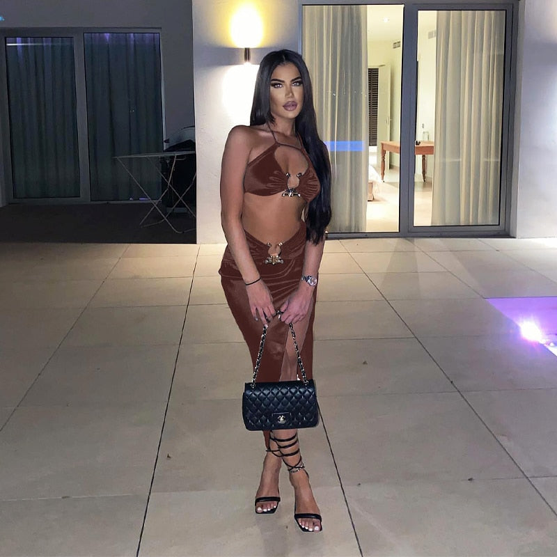 Levoire | Crop Satin Sans Manches & Couture Latérale Midi Robes Braun