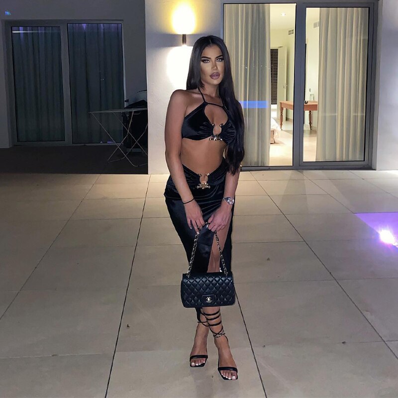 Levoire | Crop Satin Sans Manches & Couture Latérale Midi Robes Noir