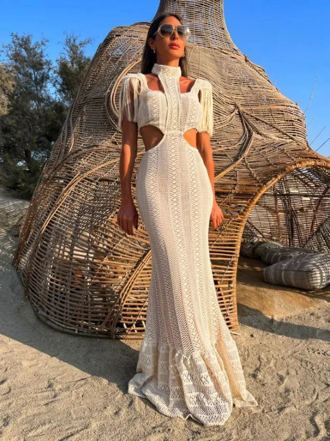 Levoire | Robe Mini/Longue À Col Cheminée Tricotée Frangée