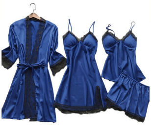 Levoire | Ensemble Pyjama Luxe Été Ensemble Pyjama Satin Avec Dentelle Pour Femmes Bleu foncé