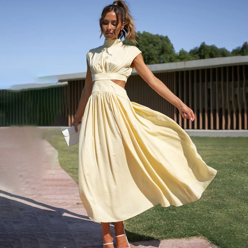 Levoire | Robe Midi Plissée Pour Femmes Jaune clair