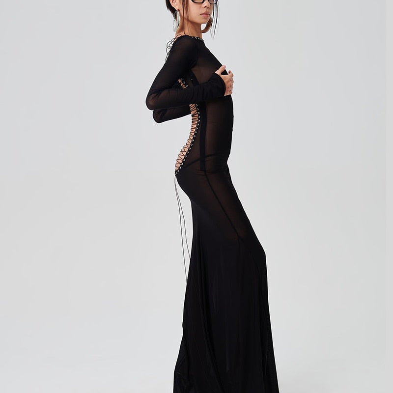 Levoire | Mesh Noir Manches Longues Dos Nu Transparent