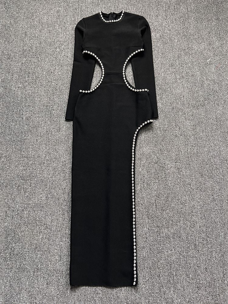 Levoire | Noir O-Top Découpe Perle Décoré Robe Longue
