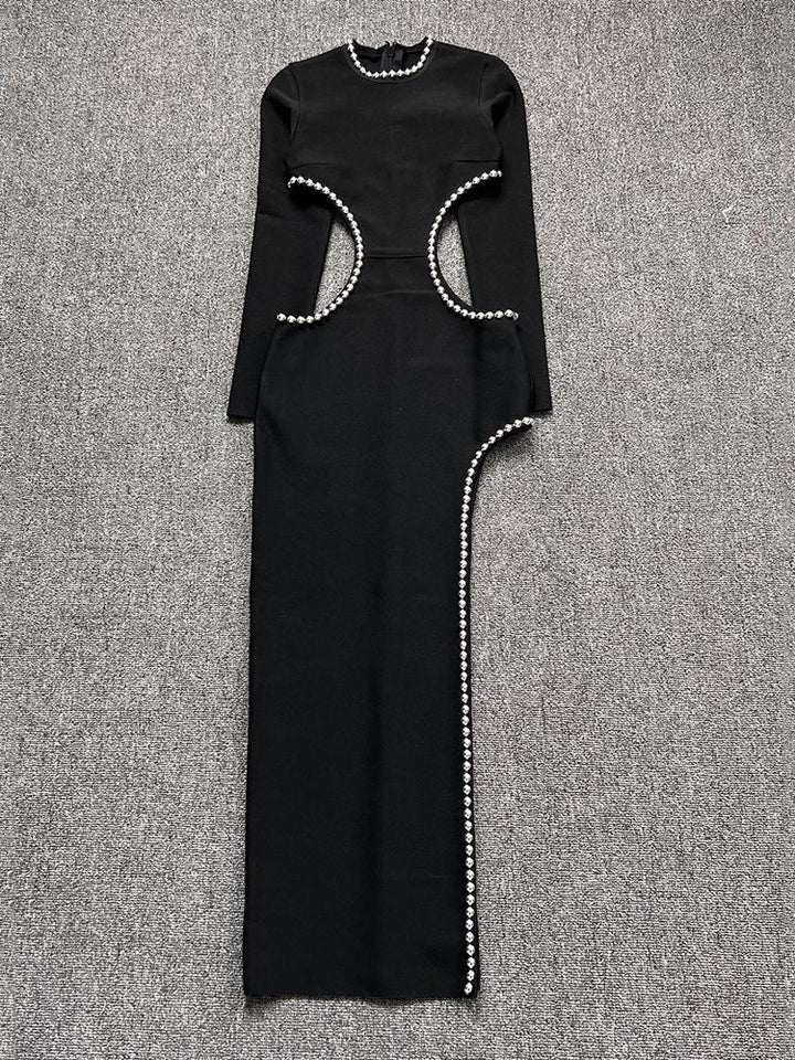 Levoire | Noir O-Top Découpe Perle Décoré Robe Longue
