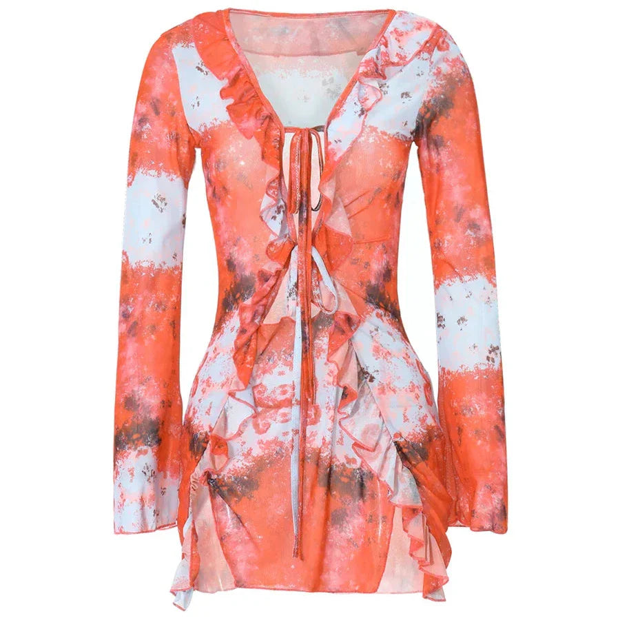 Levoire | Robe Mini À Manches Longues Avec Volants Et Motif Batik Rot