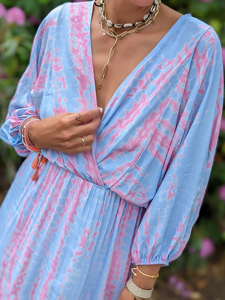 Levoire | Robe Fleurie Col V Manches Bouffantes Violet