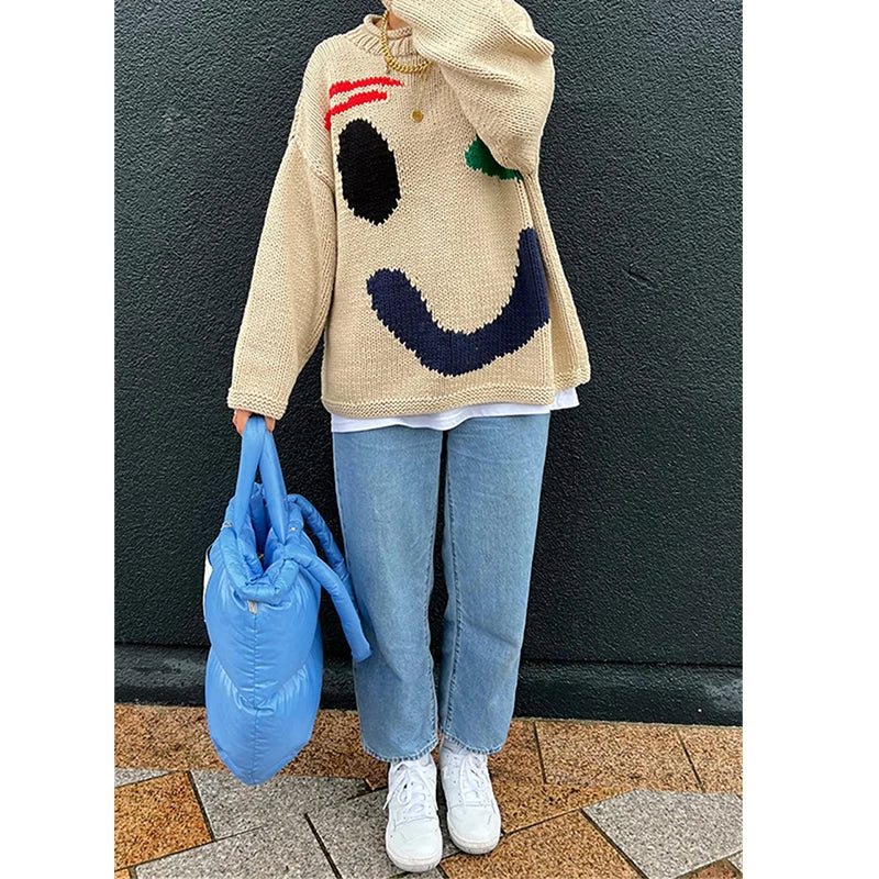 Levoire | Pull Pour Femmes Avec Design De Visage Souriant Parfait Pour Un Look Décontracté Beige