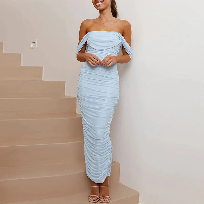 Levoire | Robe maxi sans épaules avec superposition en maille froncée Bleu