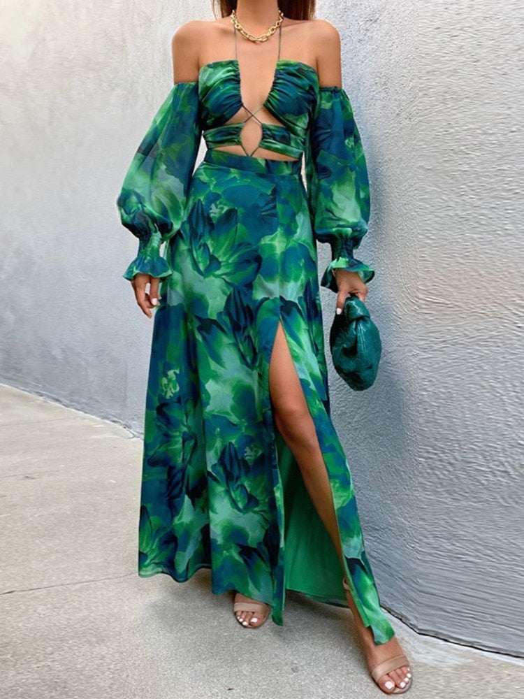 Levoire | Robe Maxi Dos Nu Hors Épaule Imprimée Florale Verte Vert