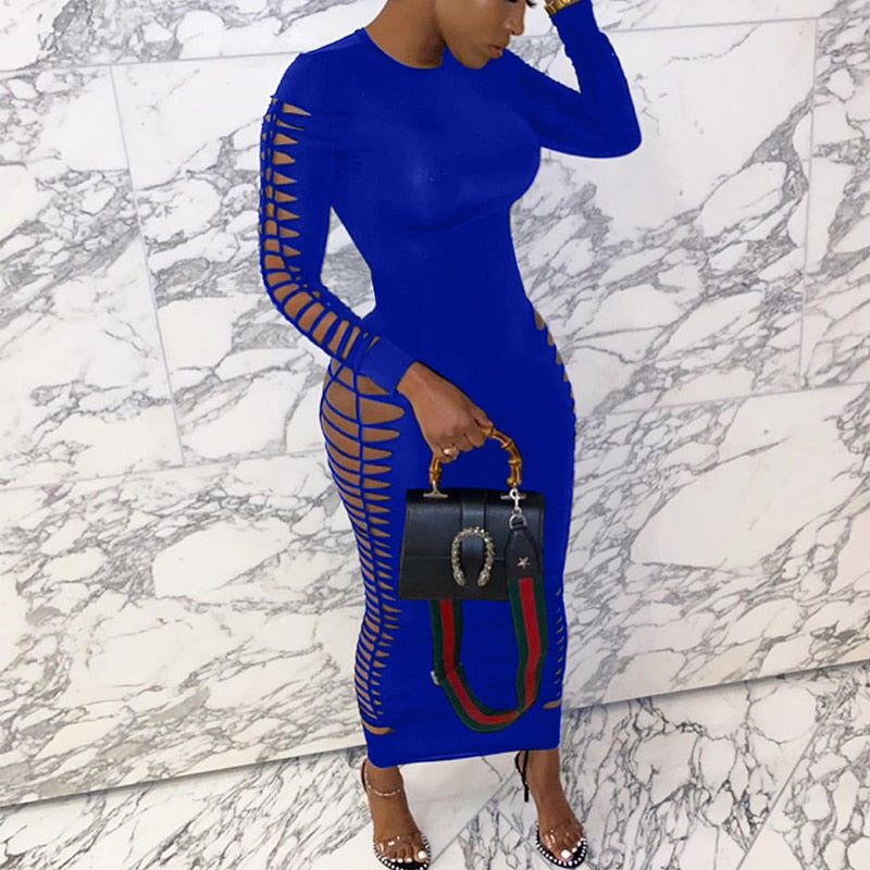Levoire | Robe Maxi Bodysuit À Manches Longues Avec Longueur Sur Le Côté Bleu