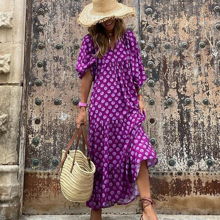 Levoire | Robe Bohème À Encolure En V Avec Manches Bouffantes Violet