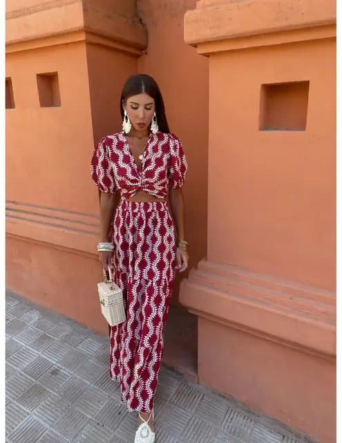 Levoire | Top Croisé Enveloppé Chic Décolleté En V Et Jupe Ensemble Rot