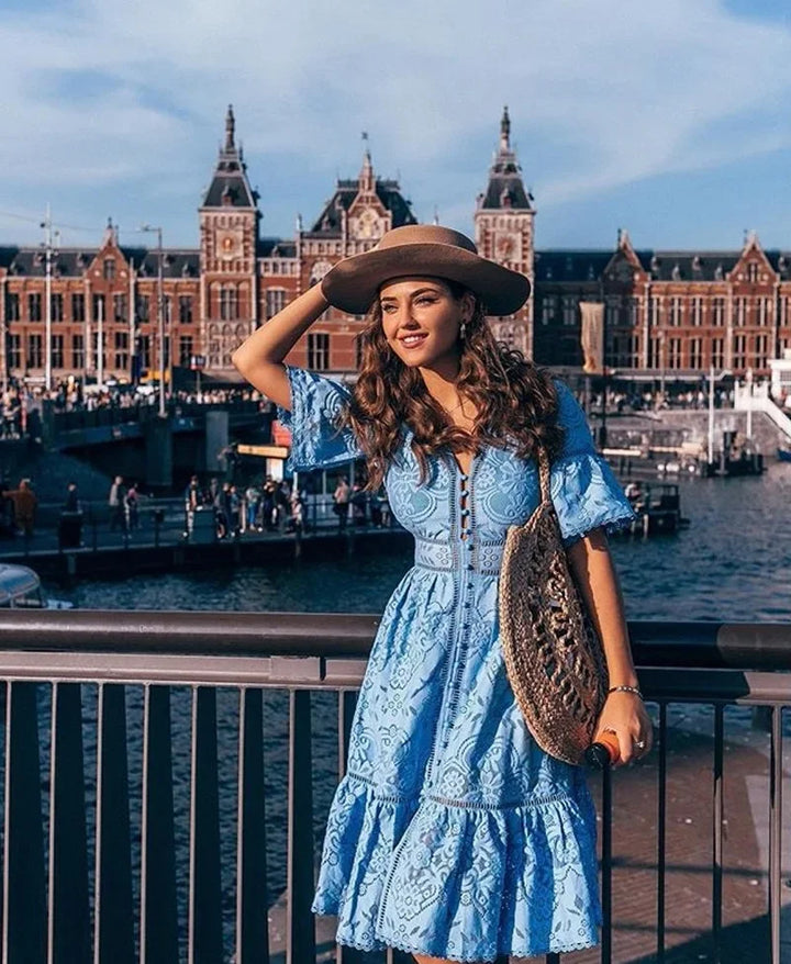 Levoire | Robe D'Été En Dentelle Pour Femmes Avec Motif Floral Bleu clair